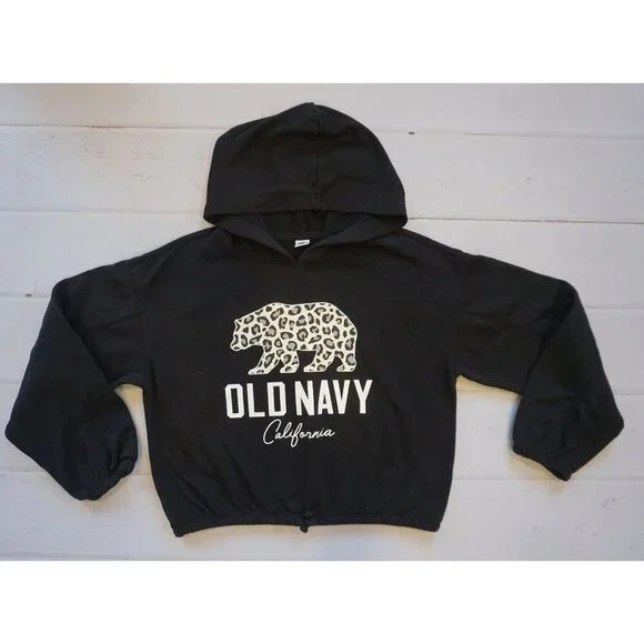 Old Navy Girls Leopard Bear Hoodie Black Cropped Pullover - Size L (10/12) - Picture 2 of 6